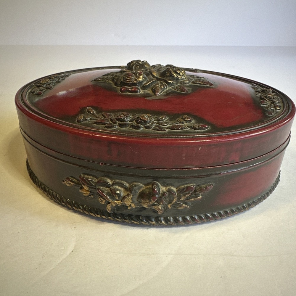 Vintage Burgundy Resin Oval Trinket Box Red Gold W/ Sculpted Floral Decorations
